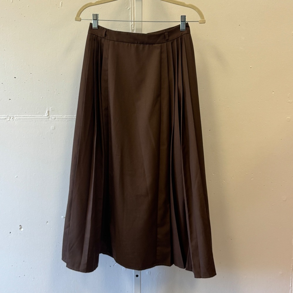 Simple Retro Brown Pleated Midi Skirt High Waist A-Line 11268 Small Boho Summer